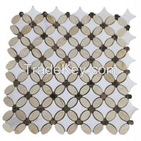 Carrara  White Crema Marfil  copper cash, flower  Mosaic Tiles