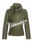 Womens faux leather asymmetric jacket with funnelneck collar olive green