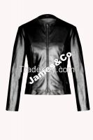 Womens faux leather collarless jacket black