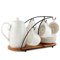 White Porcelain Tea Pot Set with bamboo stand in elegant design-CH013