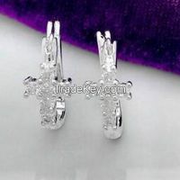 cross CZ clip earrings with white rhodium plating