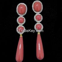 red coral silver earrings with tiny white CZ