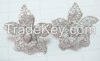 orchid flower earrings, white CZ with white rhodium plating