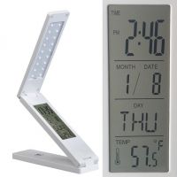 Dimmable LED Desk Lamp with Usb Charing Port, Travel Foldable Table Lamp Reading Bedroom Lamp with Time Date Alarm Clock Calendar Temperature Display White
