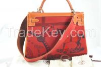 Hermes Kelly 32cm Amazon Barenia Toile Rouge H Horse Print Handbag