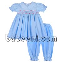 Adorable blue geometric hand smocked pajamas for girl