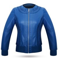 Blue PU1-W13 Women Round Neck PU Leather Bomber Jacket
