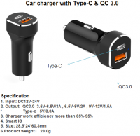 Car charger with Type-C & QC3.0
