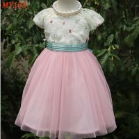 Embroidered long prom dress pink mesh puffy dress for teen girls