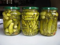 Pickled cucumbers, baby cucumbers in brine in glass jar