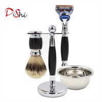 silvertip badger shaving brush set for man, stand, shaving razor, shaving bowl