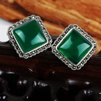 925 Silver Green Agate Marcasite Stud Earrings Thai Vintage Jewelry (E11062)
