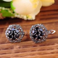 Thailand Silver Pave Marcasite Stud Earrings Women's Vintage Jewelry (E11064BLACK)