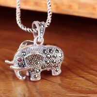 Thai 925 Silver Pave Marcasite Elephant Pendant Necklace (N11062)