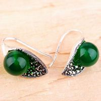 Thai Vintage Sterling Silver 10mm Round Green Agate Hoop Earrings (E11061GREEN)