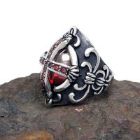Men's Vintage Old Silver Plated Titanium Stainless Steel Ring Red Cubic Zircon Gothic Cross(SA240)