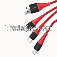 3 in 1 USB to Micro + Type C + Lightning Charge and Data Transmission Cable with Fabric Braided for Mobile Phone