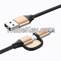 2 in 1 Fashional Metal Case USB to Micro USB+Type C+Lightning Data Cable with Fabric Braided for Mobile Phone