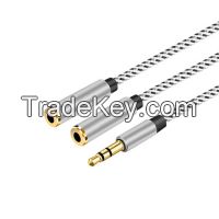 AUX Cable 3.5Audio Stereo plug to 2 Audio Female Cable with Fabric Braided