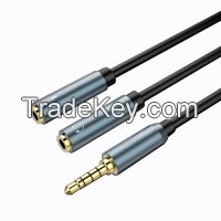 4 Poles AUX Cable 3.5Audio Stereo plug to 2 Audio Female Cable with PU Jacket