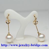 Akoya White Pearl Earrings, Yellow Gold Diamonds, Drop Wedding Jewelry