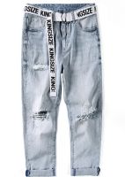 MEN JEANS STRAIGHT FIT WITH BELT HEAVY STONE ABRASION WASHED