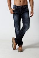 Men's straight stretch denim jeans with 3D whisker and 3D crinkle