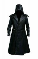 Mens Black Long Leather Jacket Coat Cowhide Synthetic Knee Length Hooded