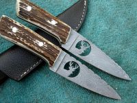 Handmade damascus steel stag horn skinner engraved knife with leather sheath