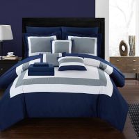 10 Comforter Complete Bag Pieced Color Block Patterned Bedding with Sheet Set and Decorative Pillows Shams Included Queen Navy