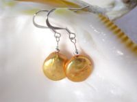 Sell 13mm golden coin cultured pearls earrings SS dangle