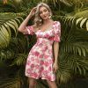 ladies fashion Off shoulder dress backless printed short skirt bubble sleeves short skirt