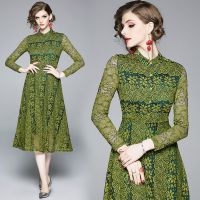 Autumn new long lace temperament waist casual dress