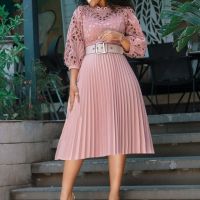 Latest Design Wholesale Summer Plus Size Dresses Sexy Lace Hollow Out A-line Dresses Women Elegant Pleated Dress with Belt