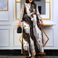 Long Sleeve plus size Printed Chain dress Pleated Long Chain casual dress Turkish casual dress