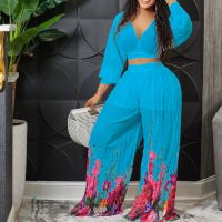 Summer hot sale fashion V-neck short tops+long pants sexy casual printed chiffon plus size 2 pieces sets elegant OL women suits