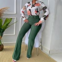 Wholesale Supply Floral Print Wide Leg Trousers Women Two Piece Shirt Set With Belts