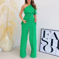 new diagonal collar one side sleeve short shirt high waist with pocket wide leg pants casual suit