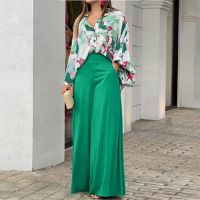 New Arrival lady Wide Leg Pants New 2022 printed casual suit loose large lapel shirt High Waist women Flare Pants two piece set