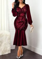 New summer women's fashion V-neck long sleeve stitching bright sparkly slim fish tail zipper evening dress