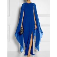 Women's Solid color chiffon shawl split irregular long-sleeved slim banquet evening dress