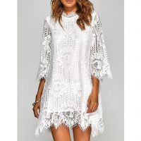 Fashion Custom Loose Long Sleeve Elegant Knit Sexy Mesh White Lace Cheap Casual Dresses For Women