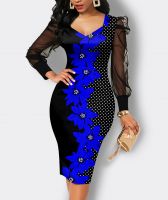 Spring Mesh Sleeve Floral Print Pencil Mid-length Buttock Dress Elegant Evening Print Printing Plus Size Women's Dresses