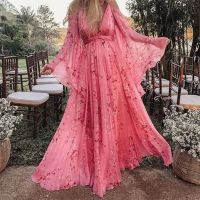 Sweet Deep V-neck Printing Sexy Long Sleeves Pleated Floor-length Dress Maternity Lining Maternity Photoshoot Dress