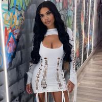 Women's Solid Color Sexy Dresses  Autumn New Fashion Long Sleeve Woven Hollow Lace up Dress For Women