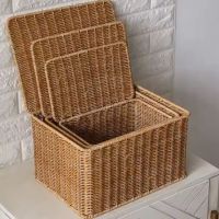 Handmade Plastic Rattan Square Box Storage Basket With Lid Cover