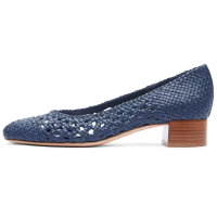 Fashion Slip On Cushioned Office Navy Blue knit Leather Weave Wooden Ladies Heels Shoes