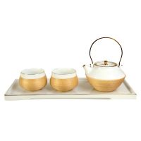 Handwoven bamboo porcelain tea set