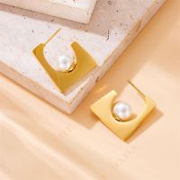 DaDa Fashionable vintage irregular geometric pearl squares gilded stainless steel jewelry earrings