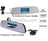 2014 new waterproof 4.3inch LCD a7 ambarella rearview mirror vechicle gps car dvr with full hd dual